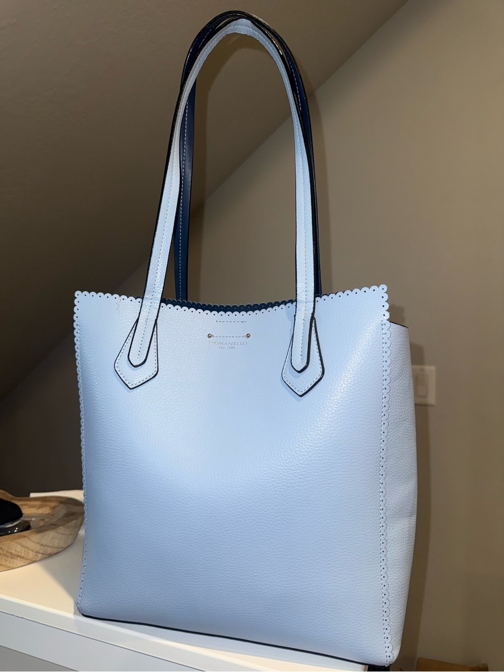 Tignanello Pebbled Leather Handbag Tote Bag Pastel Blue Scalloped Detailing